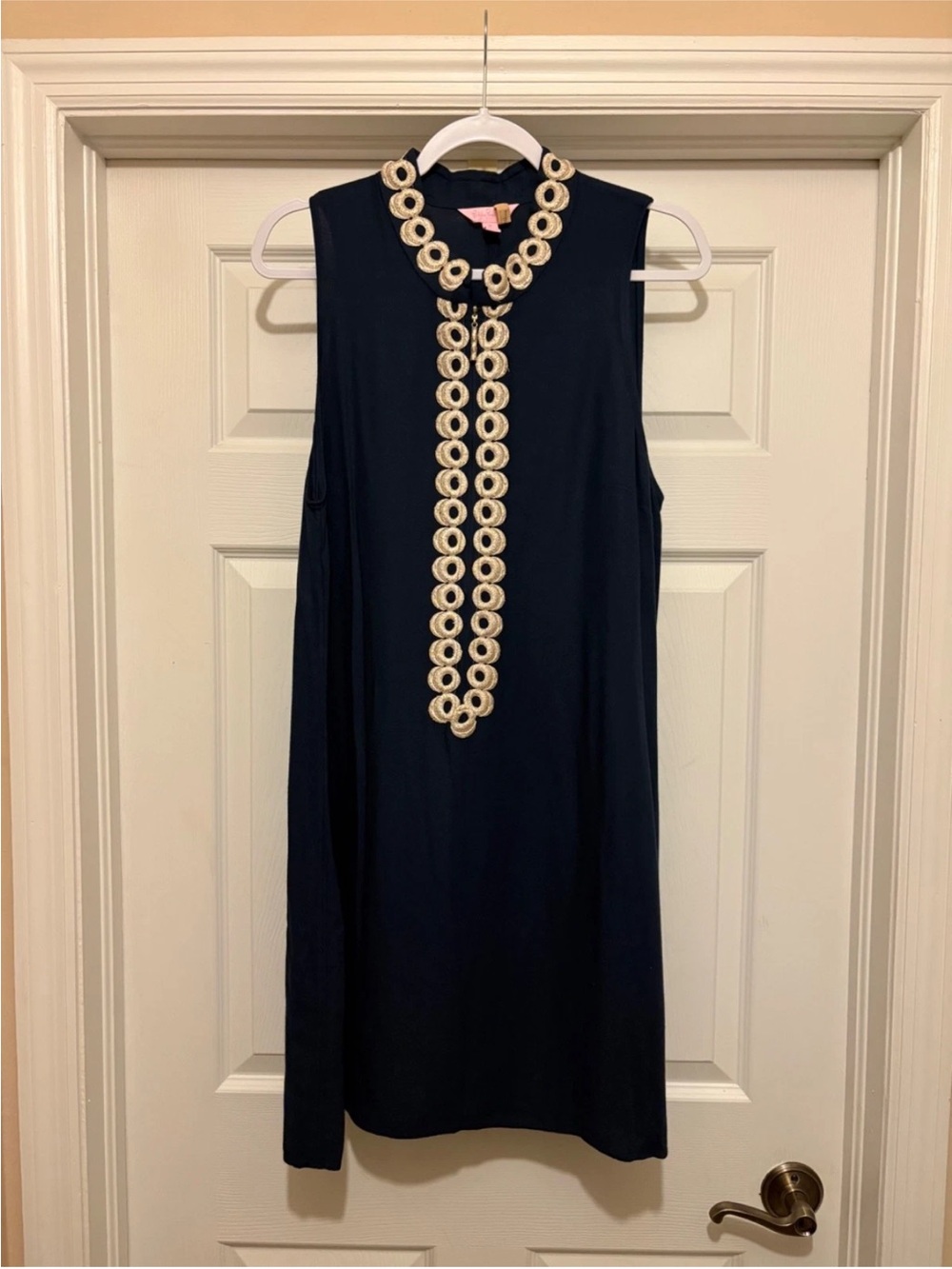 Lilly Pulitzer Navy Blue Sleeveless Shift Dress with Gold Embellished Collar